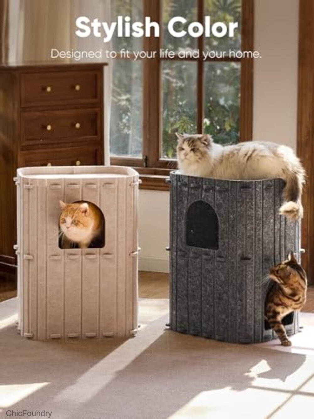 Large 2-Storey Cat House Condo, Felt Cat Bed Cave Tunnel, Multi-Cat Hideaway - Picture 6 of 6